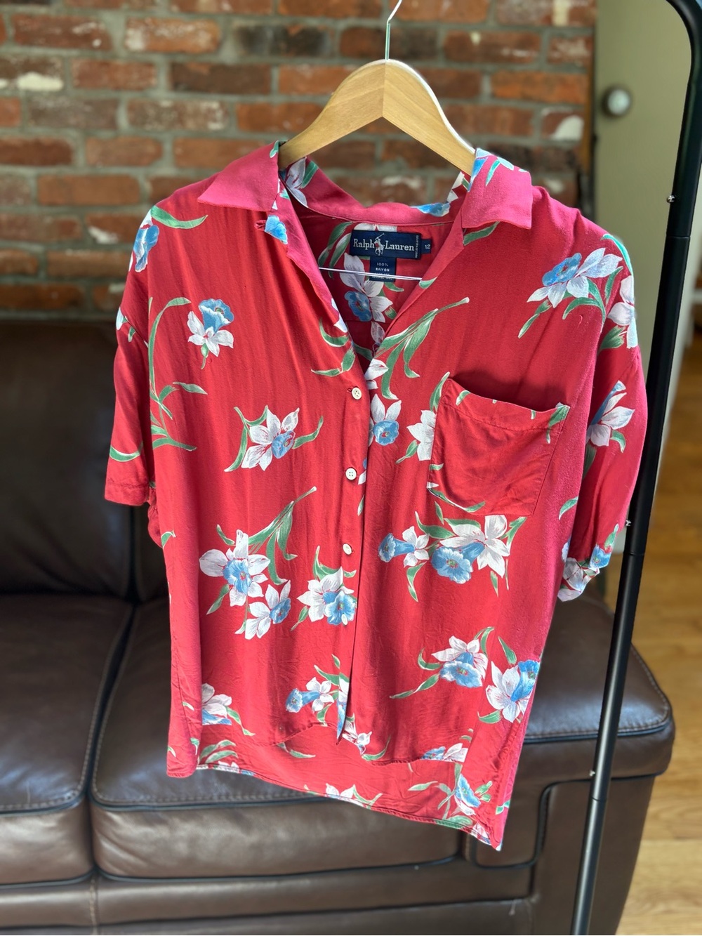 Ralph Lauren Vintage 90s Red Floral Rayon Camp Shirt Button Up Size 12